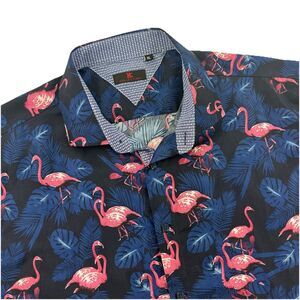 BC Collection Men’s XL Flamingo Tropical Button Up Shirt Blue Pink Miami